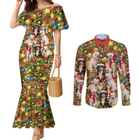 Christmas Dogs Couples Matching Mermaid Dress and Long Sleeve Button Shirt with Santa Hats and Festive Ornament Pattern - Wonder Print Shop