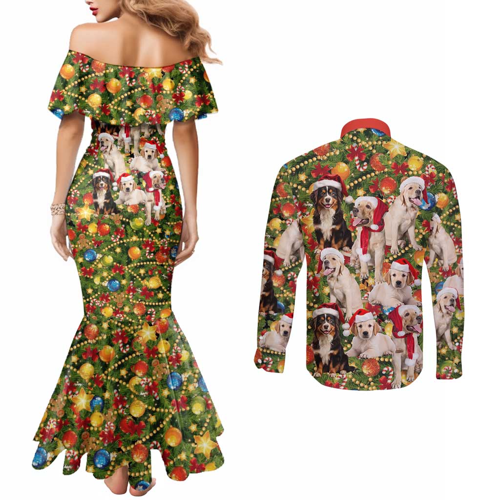 Christmas Dogs Couples Matching Mermaid Dress and Long Sleeve Button Shirt with Santa Hats and Festive Ornament Pattern - Wonder Print Shop