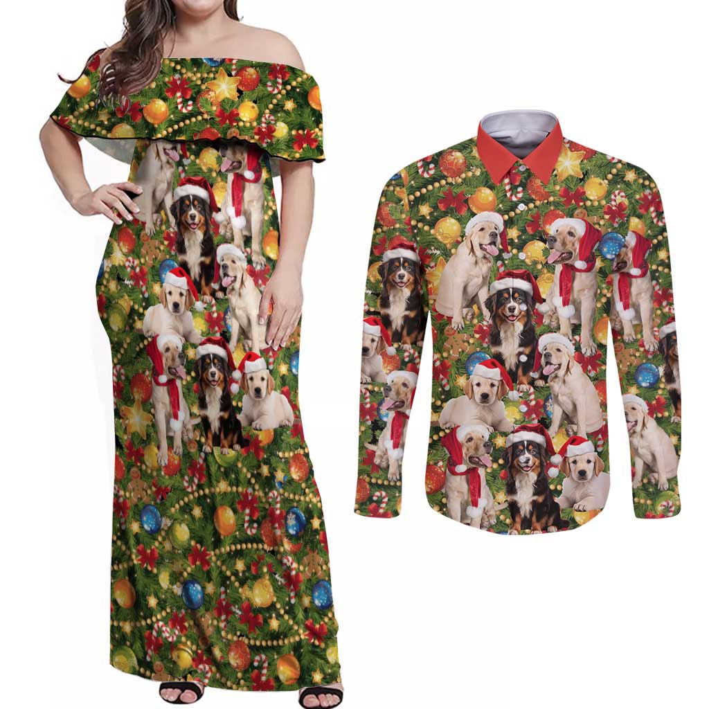 Christmas Dogs Couples Matching Off Shoulder Maxi Dress and Long Sleeve Button Shirt with Santa Hats and Festive Ornament Pattern - Wonder Print Shop