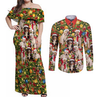 Christmas Dogs Couples Matching Off Shoulder Maxi Dress and Long Sleeve Button Shirt with Santa Hats and Festive Ornament Pattern - Wonder Print Shop