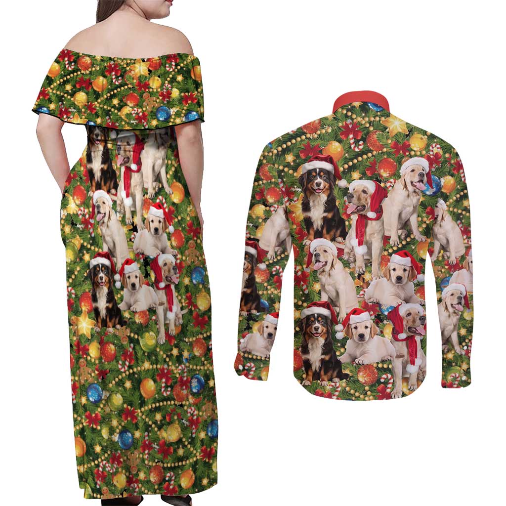 Christmas Dogs Couples Matching Off Shoulder Maxi Dress and Long Sleeve Button Shirt with Santa Hats and Festive Ornament Pattern - Wonder Print Shop