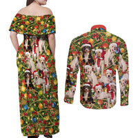 Christmas Dogs Couples Matching Off Shoulder Maxi Dress and Long Sleeve Button Shirt with Santa Hats and Festive Ornament Pattern - Wonder Print Shop