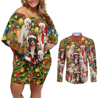 Christmas Dogs Couples Matching Off Shoulder Short Dress and Long Sleeve Button Shirt with Santa Hats and Festive Ornament Pattern - Wonder Print Shop