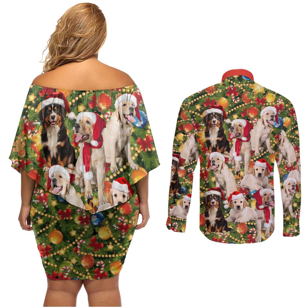Christmas Dogs Couples Matching Off Shoulder Short Dress and Long Sleeve Button Shirt with Santa Hats and Festive Ornament Pattern - Wonder Print Shop