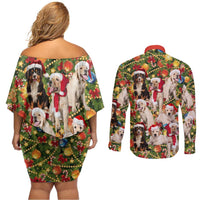 Christmas Dogs Couples Matching Off Shoulder Short Dress and Long Sleeve Button Shirt with Santa Hats and Festive Ornament Pattern - Wonder Print Shop