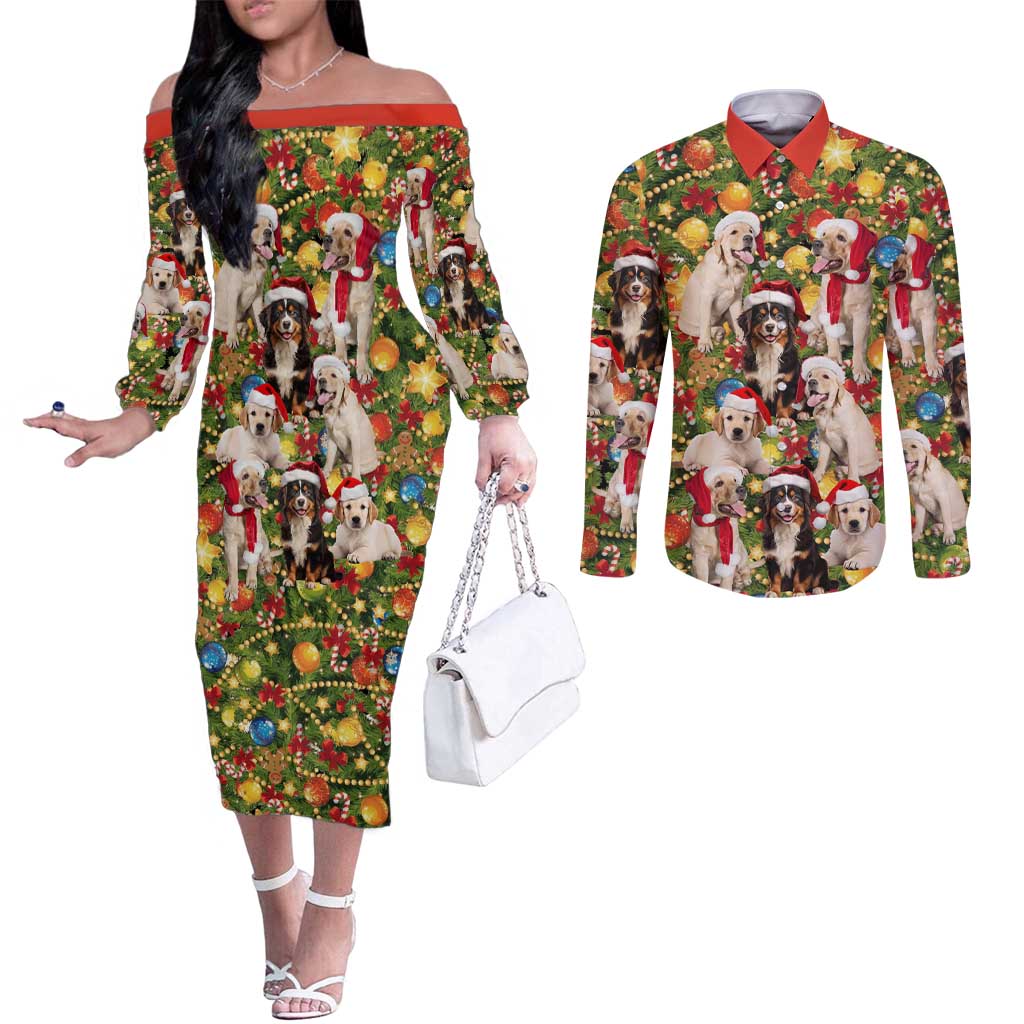 Christmas Dogs Couples Matching Off The Shoulder Long Sleeve Dress and Long Sleeve Button Shirt with Santa Hats and Festive Ornament Pattern - Wonder Print Shop