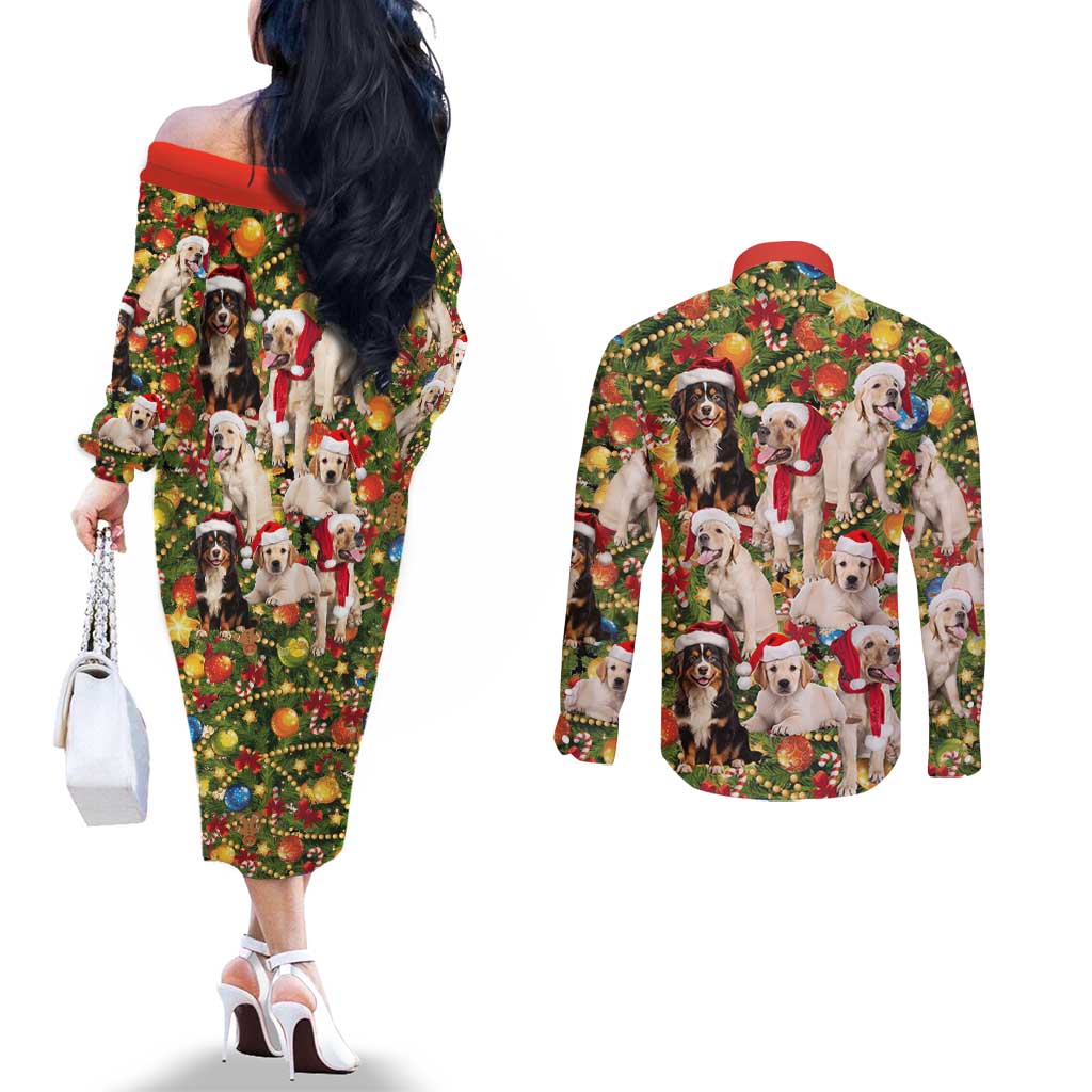 Christmas Dogs Couples Matching Off The Shoulder Long Sleeve Dress and Long Sleeve Button Shirt with Santa Hats and Festive Ornament Pattern - Wonder Print Shop