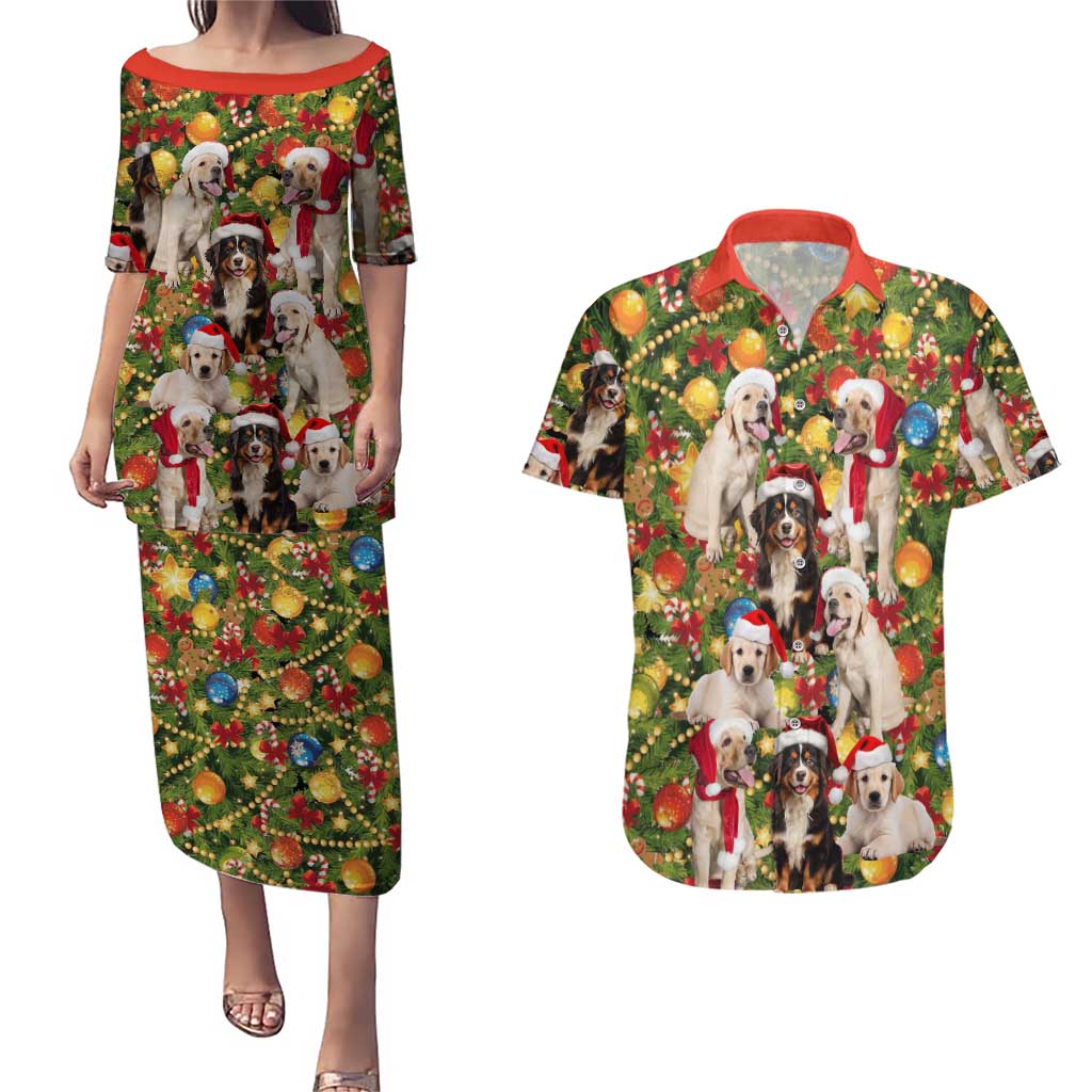 Christmas Dogs Couples Matching Puletasi and Hawaiian Shirt with Santa Hats and Festive Ornament Pattern - Wonder Print Shop