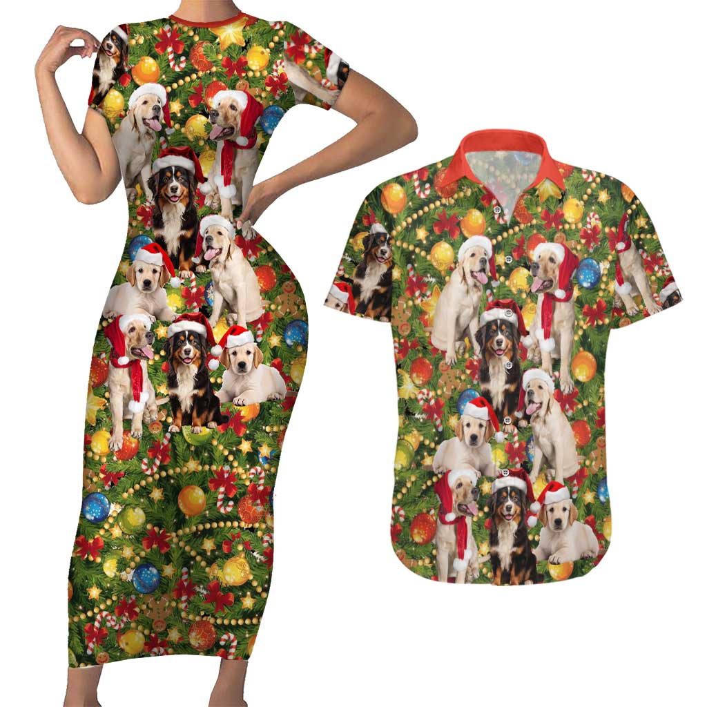 Christmas Dogs Couples Matching Short Sleeve Bodycon Dress and Hawaiian Shirt with Santa Hats and Festive Ornament Pattern - Wonder Print Shop