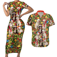 Christmas Dogs Couples Matching Short Sleeve Bodycon Dress and Hawaiian Shirt with Santa Hats and Festive Ornament Pattern - Wonder Print Shop