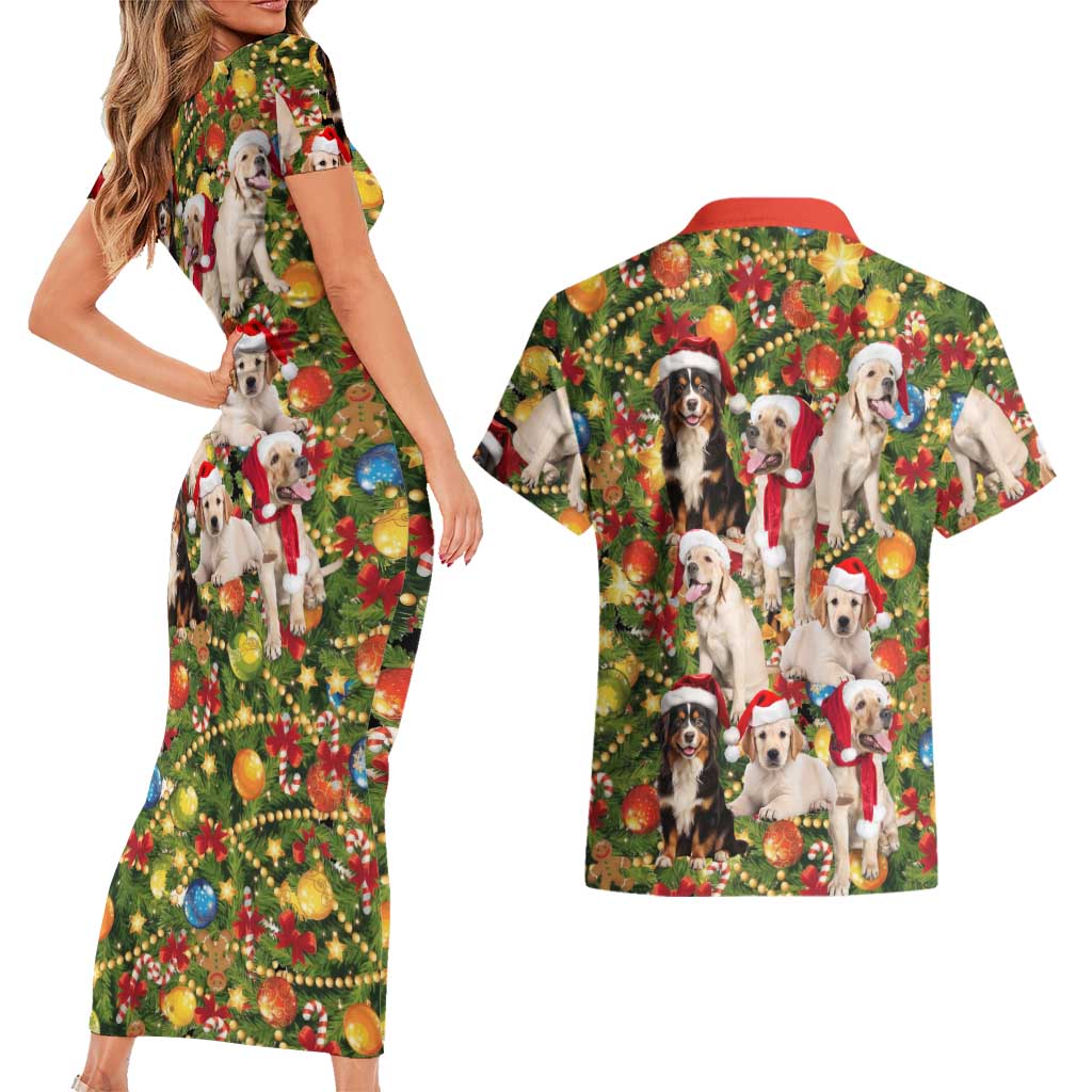 Christmas Dogs Couples Matching Short Sleeve Bodycon Dress and Hawaiian Shirt with Santa Hats and Festive Ornament Pattern - Wonder Print Shop