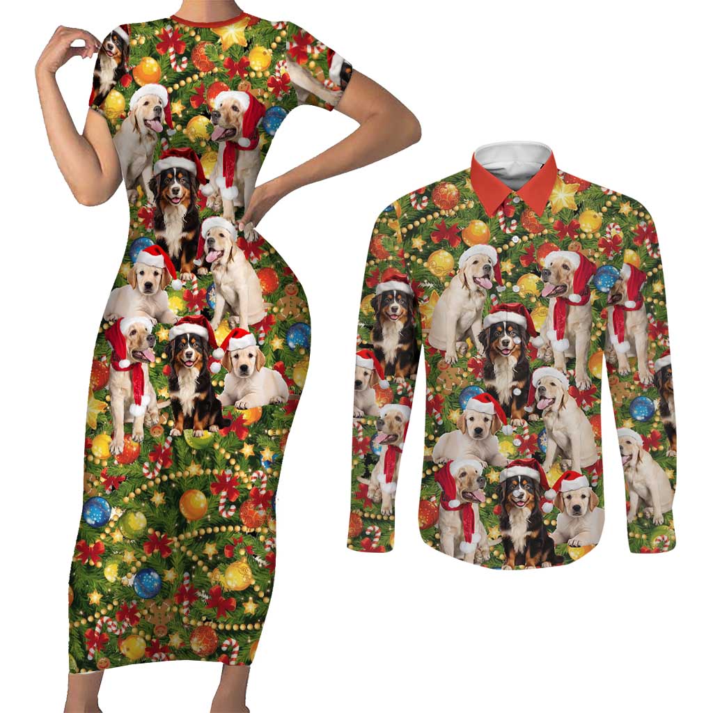 Christmas Dogs Couples Matching Short Sleeve Bodycon Dress and Long Sleeve Button Shirt with Santa Hats and Festive Ornament Pattern - Wonder Print Shop