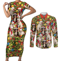 Christmas Dogs Couples Matching Short Sleeve Bodycon Dress and Long Sleeve Button Shirt with Santa Hats and Festive Ornament Pattern - Wonder Print Shop