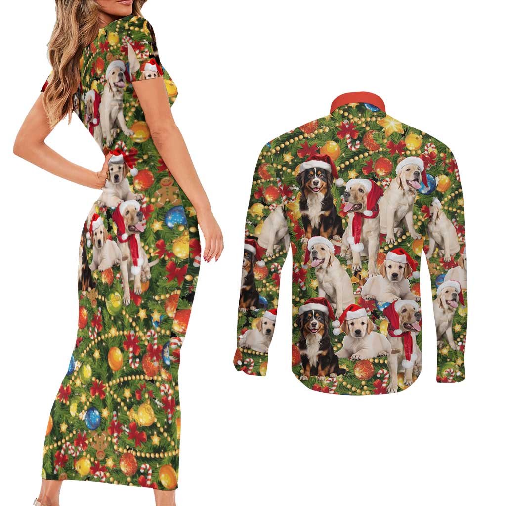 Christmas Dogs Couples Matching Short Sleeve Bodycon Dress and Long Sleeve Button Shirt with Santa Hats and Festive Ornament Pattern - Wonder Print Shop