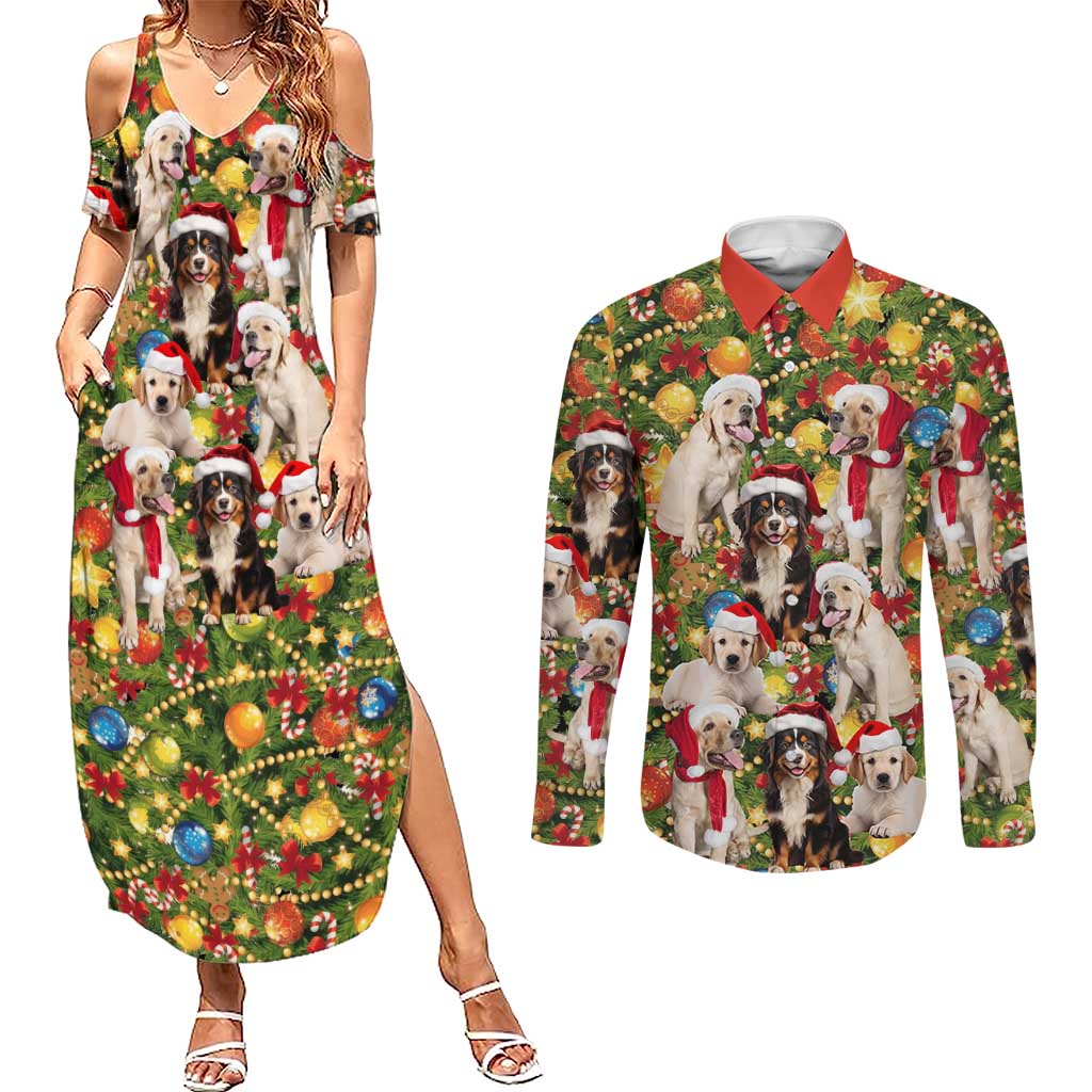 Christmas Dogs Couples Matching Summer Maxi Dress and Long Sleeve Button Shirt with Santa Hats and Festive Ornament Pattern - undefined