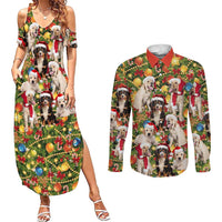 Christmas Dogs Couples Matching Summer Maxi Dress and Long Sleeve Button Shirt with Santa Hats and Festive Ornament Pattern - undefined