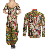 Christmas Dogs Couples Matching Summer Maxi Dress and Long Sleeve Button Shirt with Santa Hats and Festive Ornament Pattern - undefined
