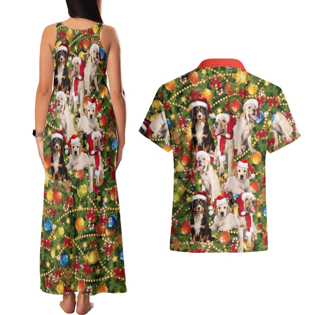 Christmas Dogs Couples Matching Tank Maxi Dress and Hawaiian Shirt with Santa Hats and Festive Ornament Pattern - Wonder Print Shop