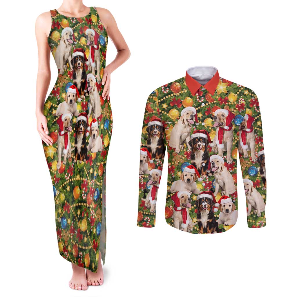 Christmas Dogs Couples Matching Tank Maxi Dress and Long Sleeve Button Shirt with Santa Hats and Festive Ornament Pattern - Wonder Print Shop