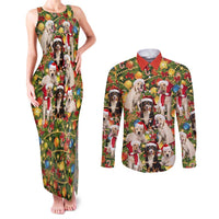 Christmas Dogs Couples Matching Tank Maxi Dress and Long Sleeve Button Shirt with Santa Hats and Festive Ornament Pattern - Wonder Print Shop
