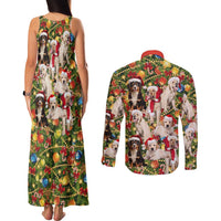 Christmas Dogs Couples Matching Tank Maxi Dress and Long Sleeve Button Shirt with Santa Hats and Festive Ornament Pattern - Wonder Print Shop