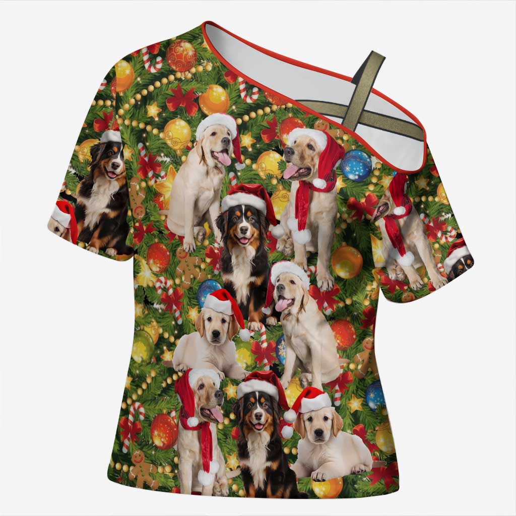 Christmas Dogs Cross Shoulder Shirt with Santa Hats and Festive Ornament Pattern - Wonder Print Shop