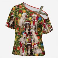 Christmas Dogs Cross Shoulder Shirt with Santa Hats and Festive Ornament Pattern - Wonder Print Shop