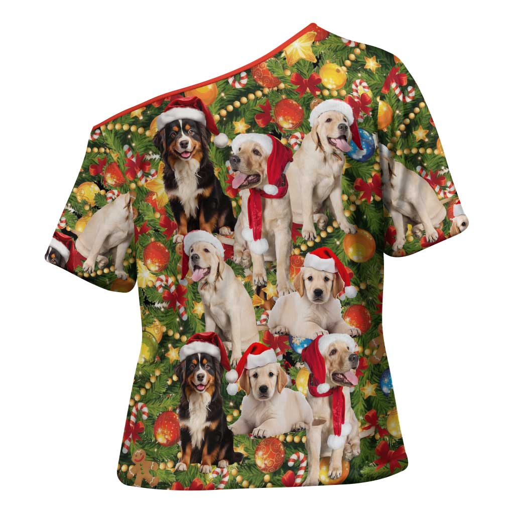 Christmas Dogs Cross Shoulder Shirt with Santa Hats and Festive Ornament Pattern - Wonder Print Shop
