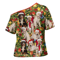 Christmas Dogs Cross Shoulder Shirt with Santa Hats and Festive Ornament Pattern - Wonder Print Shop