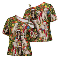 Christmas Dogs Cross Shoulder Shirt with Santa Hats and Festive Ornament Pattern - Wonder Print Shop