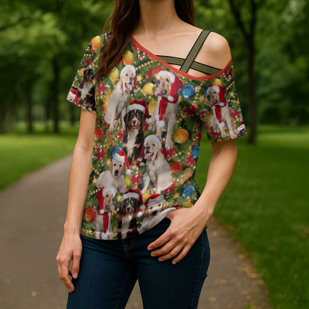 Christmas Dogs Cross Shoulder Shirt with Santa Hats and Festive Ornament Pattern - Wonder Print Shop