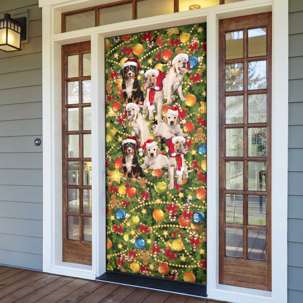 Christmas Dogs Door Cover with Santa Hats and Festive Ornament Pattern - Wonder Print Shop