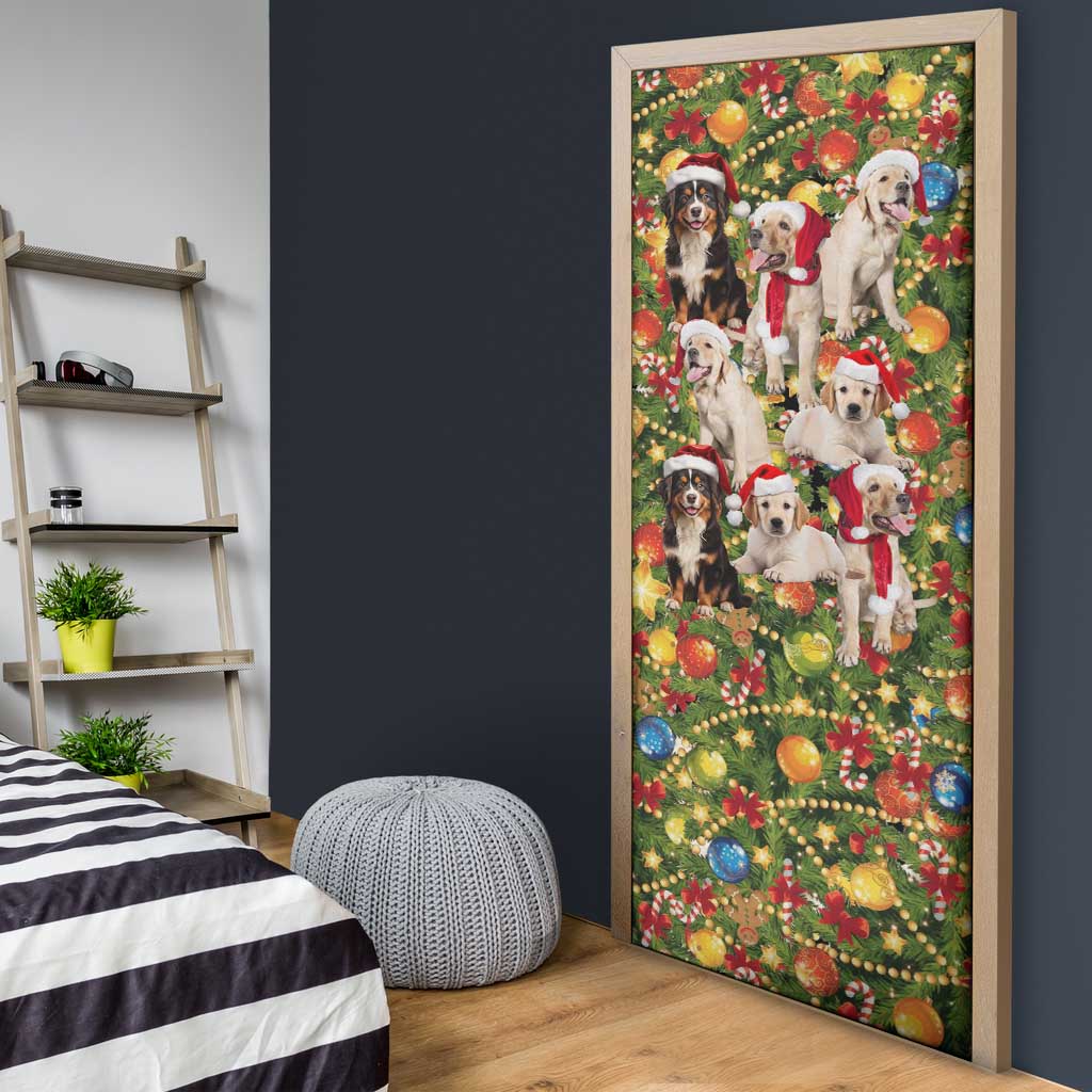 Christmas Dogs Door Cover with Santa Hats and Festive Ornament Pattern - Wonder Print Shop