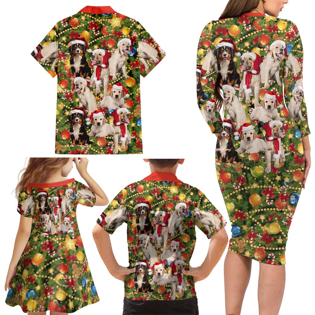 Christmas Dogs Family Matching Long Sleeve Bodycon Dress and Hawaiian Shirt with Santa Hats and Festive Ornament Pattern - Wonder Print Shop