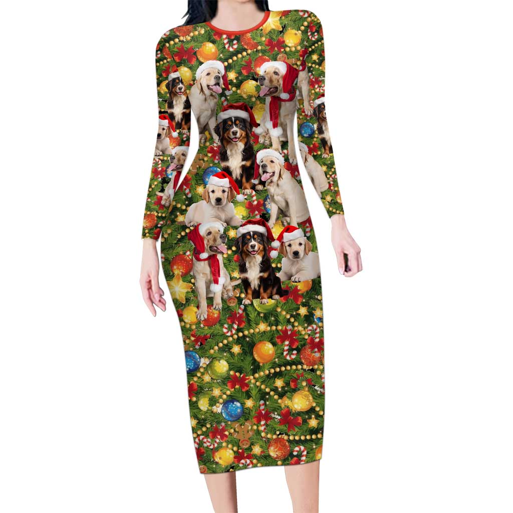 Christmas Dogs Family Matching Long Sleeve Bodycon Dress and Hawaiian Shirt with Santa Hats and Festive Ornament Pattern - Wonder Print Shop
