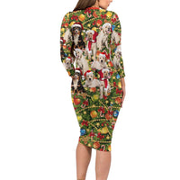 Christmas Dogs Family Matching Long Sleeve Bodycon Dress and Hawaiian Shirt with Santa Hats and Festive Ornament Pattern - Wonder Print Shop