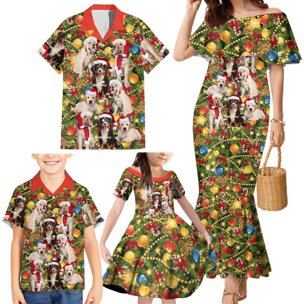 Christmas Dogs Family Matching Mermaid Dress and Hawaiian Shirt with Santa Hats and Festive Ornament Pattern - Wonder Print Shop