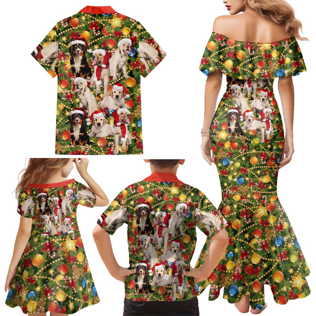 Christmas Dogs Family Matching Mermaid Dress and Hawaiian Shirt with Santa Hats and Festive Ornament Pattern - Wonder Print Shop