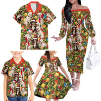 Christmas Dogs Family Matching Off The Shoulder Long Sleeve Dress and Hawaiian Shirt with Santa Hats and Festive Ornament Pattern - Wonder Print Shop