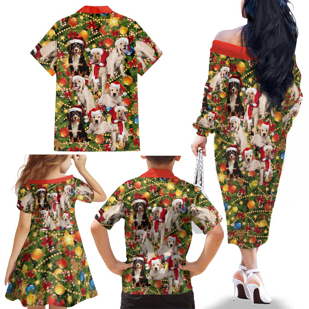 Christmas Dogs Family Matching Off The Shoulder Long Sleeve Dress and Hawaiian Shirt with Santa Hats and Festive Ornament Pattern - Wonder Print Shop