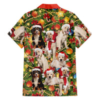 Christmas Dogs Family Matching Off The Shoulder Long Sleeve Dress and Hawaiian Shirt with Santa Hats and Festive Ornament Pattern - Wonder Print Shop