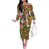 Christmas Dogs Family Matching Off The Shoulder Long Sleeve Dress and Hawaiian Shirt with Santa Hats and Festive Ornament Pattern - Wonder Print Shop