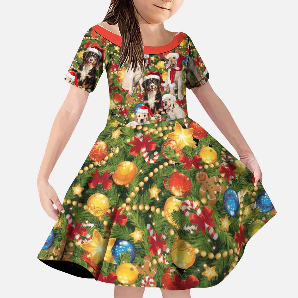 Christmas Dogs Family Matching Off Shoulder Maxi Dress and Hawaiian Shirt with Santa Hats and Festive Ornament Pattern - Wonder Print Shop