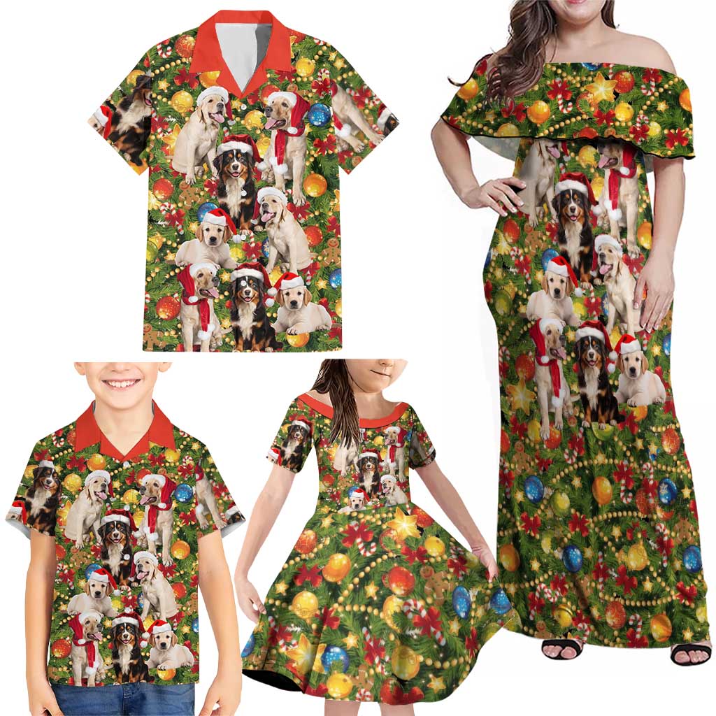 Christmas Dogs Family Matching Off Shoulder Maxi Dress and Hawaiian Shirt with Santa Hats and Festive Ornament Pattern - Wonder Print Shop