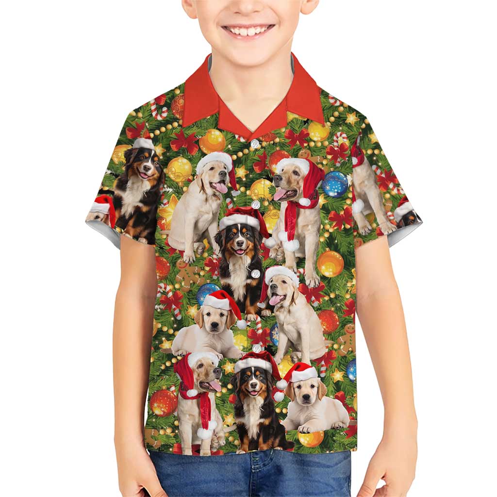Christmas Dogs Family Matching Off Shoulder Maxi Dress and Hawaiian Shirt with Santa Hats and Festive Ornament Pattern - Wonder Print Shop
