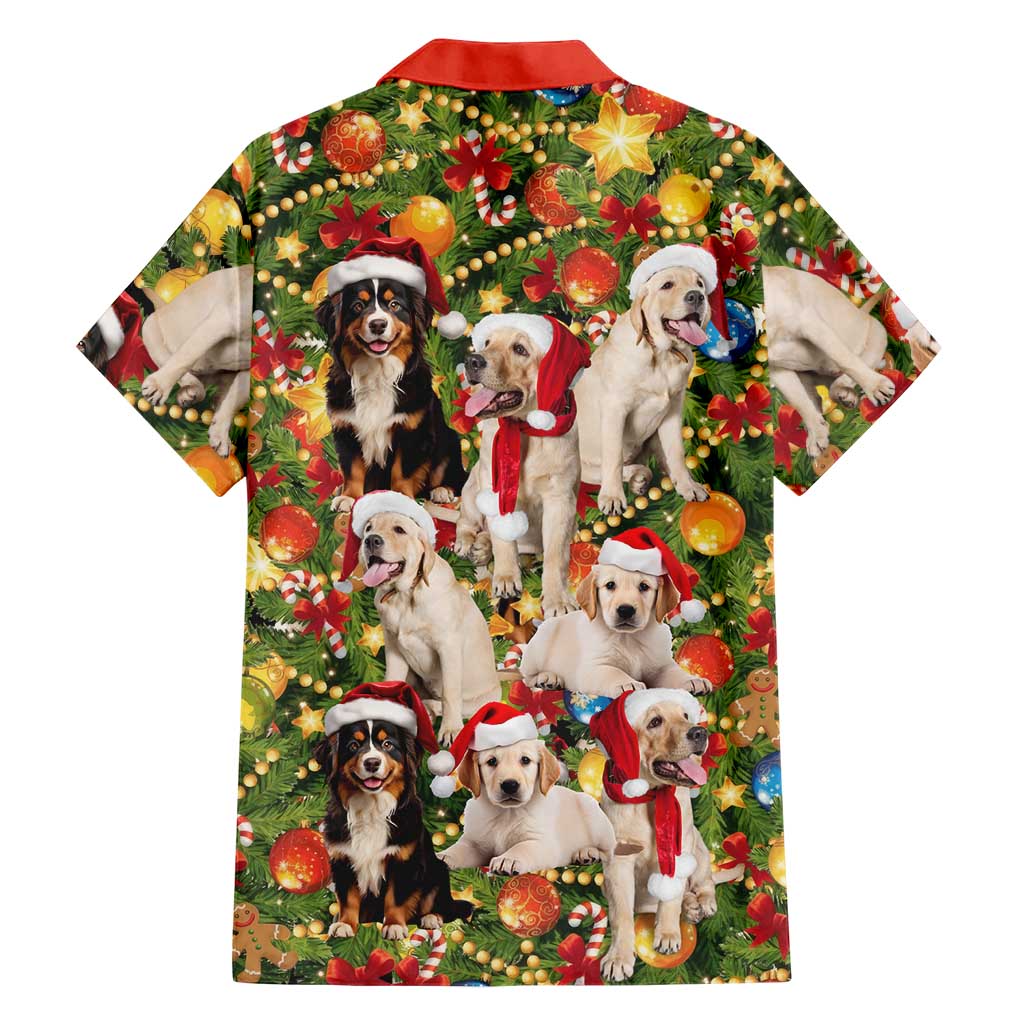Christmas Dogs Family Matching Off Shoulder Short Dress and Hawaiian Shirt with Santa Hats and Festive Ornament Pattern - Wonder Print Shop