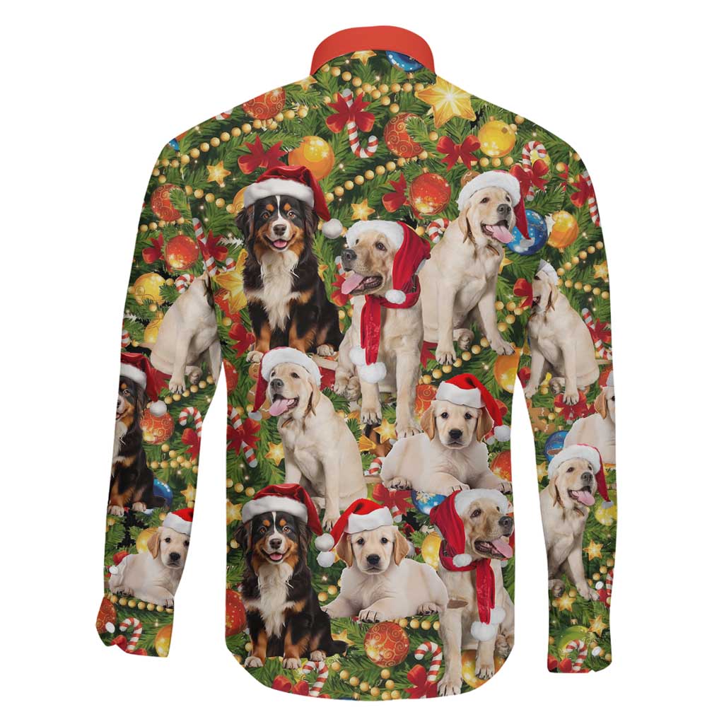 Christmas Dogs Family Matching Off Shoulder Short Dress and Hawaiian Shirt with Santa Hats and Festive Ornament Pattern - Wonder Print Shop