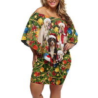 Christmas Dogs Family Matching Off Shoulder Short Dress and Hawaiian Shirt with Santa Hats and Festive Ornament Pattern - Wonder Print Shop