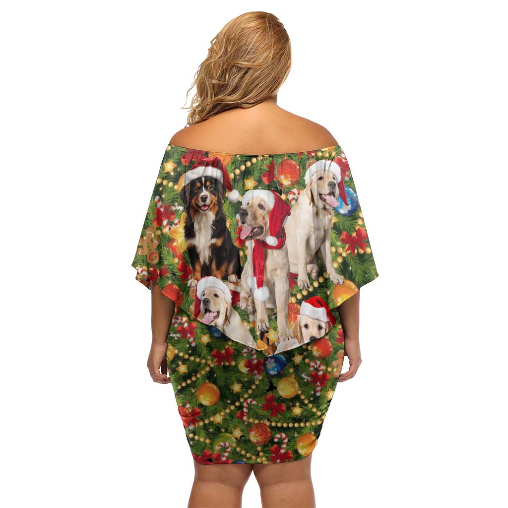 Christmas Dogs Family Matching Off Shoulder Short Dress and Hawaiian Shirt with Santa Hats and Festive Ornament Pattern - Wonder Print Shop
