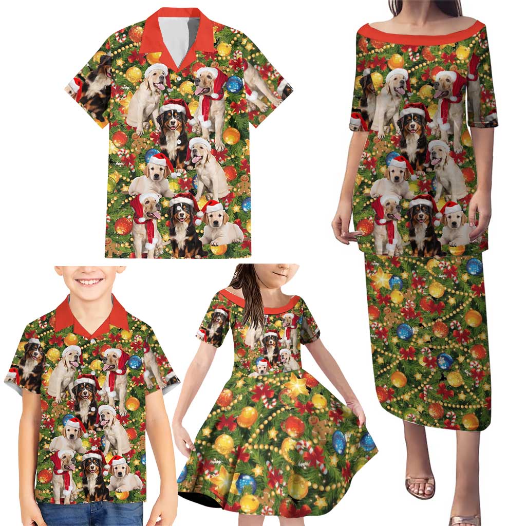 Christmas Dogs Family Matching Puletasi and Hawaiian Shirt with Santa Hats and Festive Ornament Pattern - Wonder Print Shop